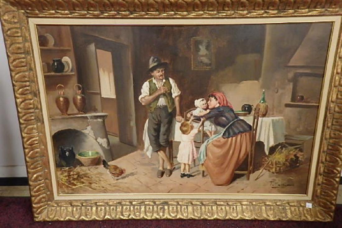 Dutch Oil on Canvas: Dutch oil on canvas, 31" x 42" includes frame, Dutch interior scene of mother and father with 2 small children seated at table, signed lower right T. Massimio?