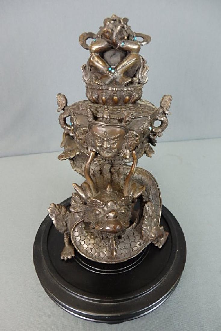 Heavy Bronze Incense Burner Vajradaka: Was bought in 2013 for $550. 3 piece construction. The top part is Vajradaka praying with 7 stones for accent. That part is roughly 4.5 inches in length by 3 inches wide with a depth of 3 inches. The 