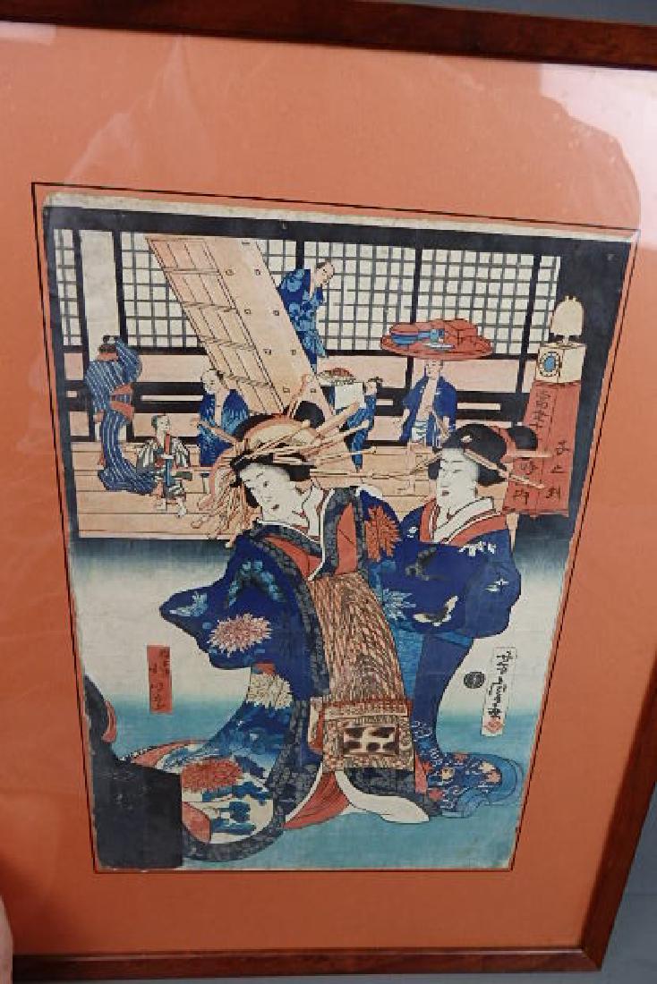 Japanese Print of 2 Women in a Restaurant: On the back is a paper that says Yoshitora Utagawa first of 12 prints depicting the 12 hr activities in Yoshiwara. Says it was published in 1870. The print itself is 9.5 inches by 14.25 inches.