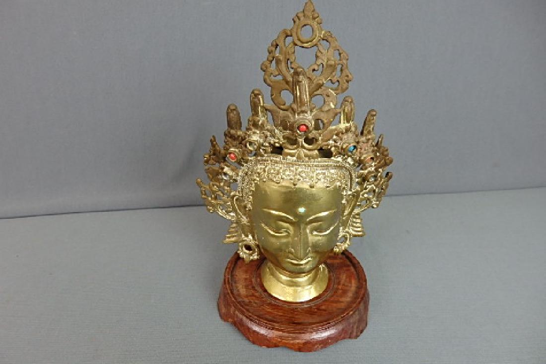 Brass Buddha Head with Wooden Stand (1 of 5)