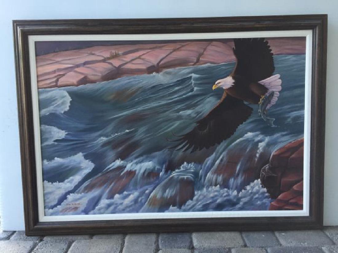 Oil on Canvas Eagle in Flight by J.W. Bortz: 29" x 41" includes frame, Oil on Canvas Eagle in Flight by J.W. Bortz, Allentown, Pa., wildlife artist