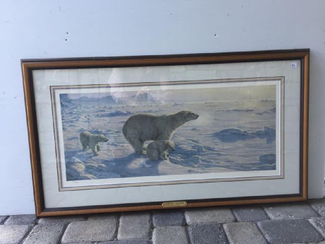 Print of Polar Bear with 2 Cubs: titled â€œOn the Edge" by Lee Kromschroeder, 967/1200, 23" x 39" includes frame