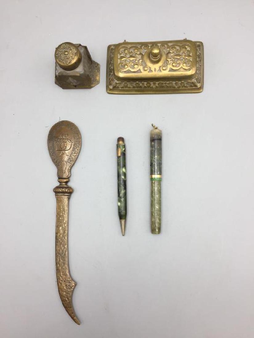 Brass desk set with letter opener pens and inkwell (1 of 6)