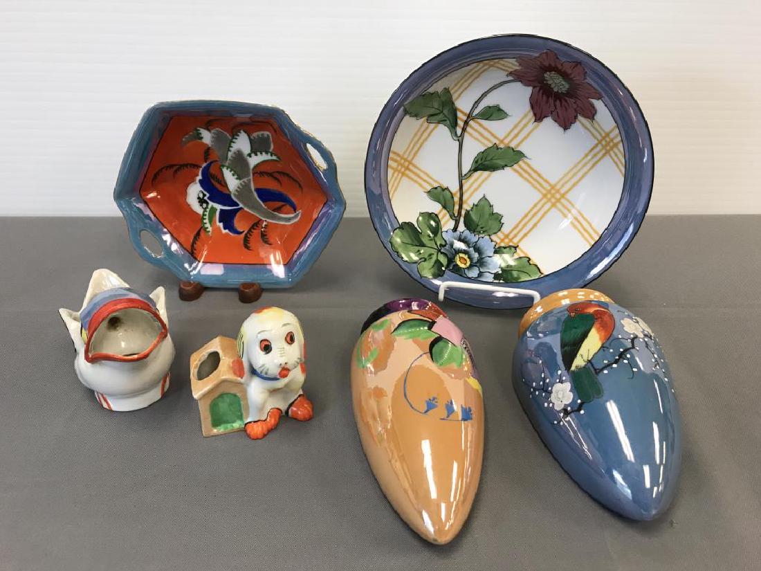 Noritake bowls and Japanese luster pieces: the two bowls are made by Noritake. The other four pieces are marked made in Japan. Largest bowl is 9 inches wide. No damage.