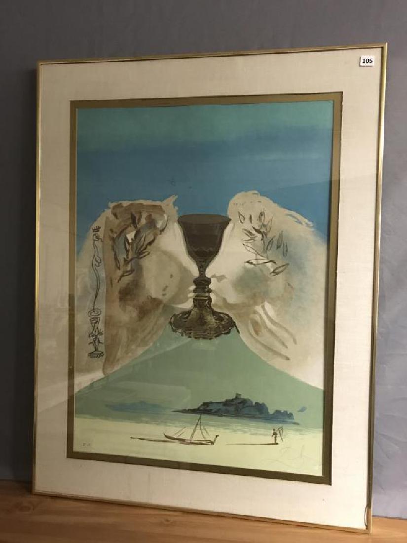 Salvador Dali lithograph: Silver Chalice, or original color lithograph from Hess's fine arts gallery. 30 x 22. Glass is cracked bottom right.