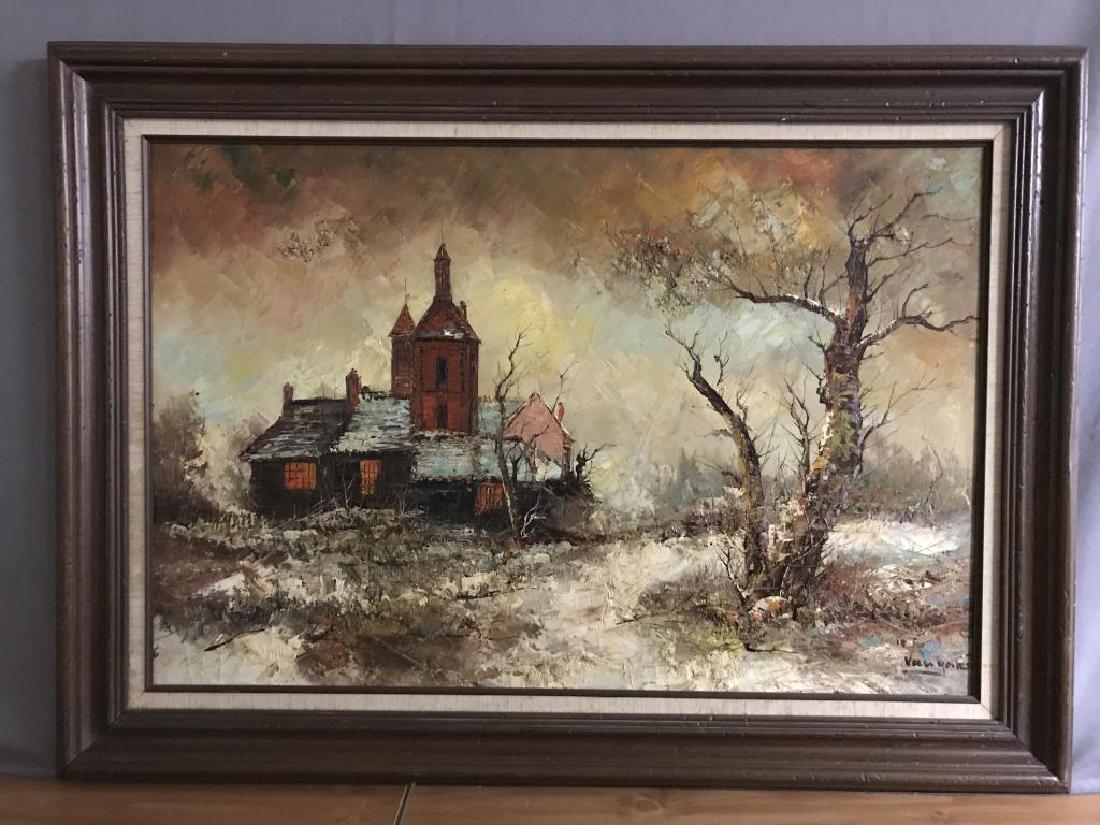 Image of a church oil on canvas: oil on canvas, signed lower rate. Image Size 23â€œ x 36â€œ. Artist unknown.