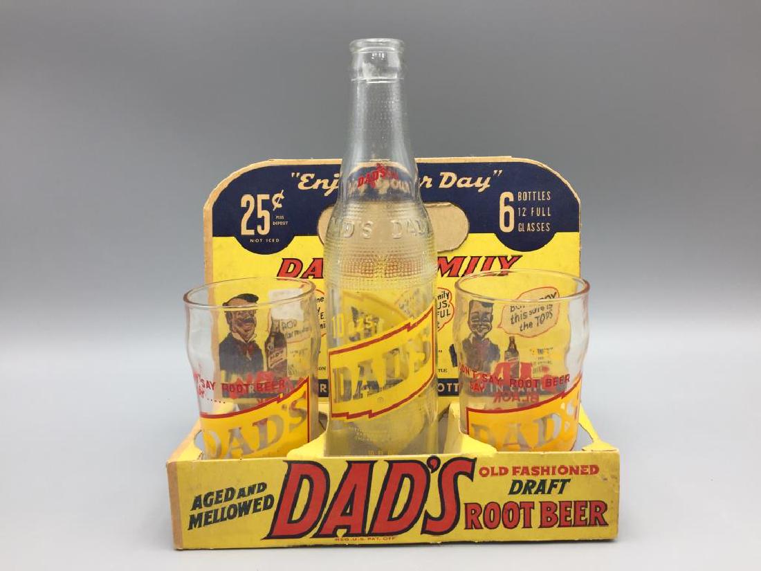 Dad's Root Beer bottle glasses cardboard carrier: Carrier is 9 x 7.5 x 5.75 inches. Retains full color on the carrier. Comes with 2 glasses and a 10 oz bottle.