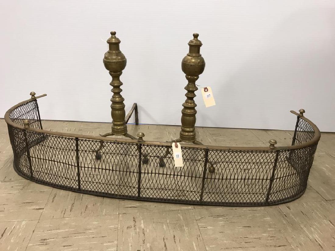 Pair Antique brass andirons and fender (1 of 3)