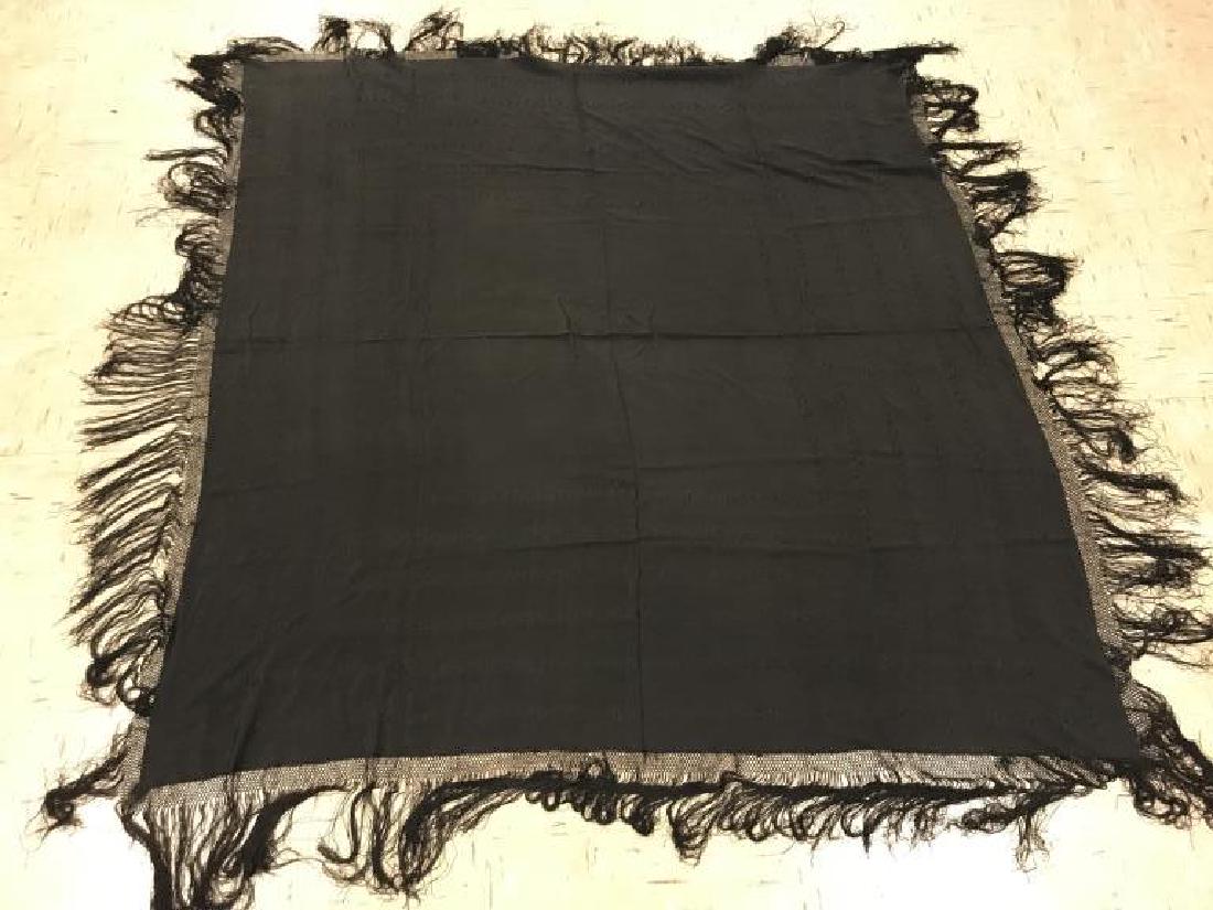 Black embroidered Victorian shawl: 74 inches x 74 inches including fringe, comes with a hand written note indicating it belonged to Elizabeth Wilkins Warner Who died in 1890, no holes or tears and Fring appears to all be in tact