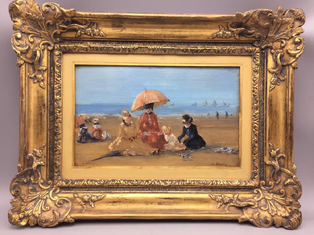Oil on board bearing the signature Eugene Boudin: Oil on board, Image size a 9 inches x 14 inches , overall size including frame 17â€ x 22â€, seascape with ladies at the beach, Trouville (France), bearing the signature E. Boudin lower right