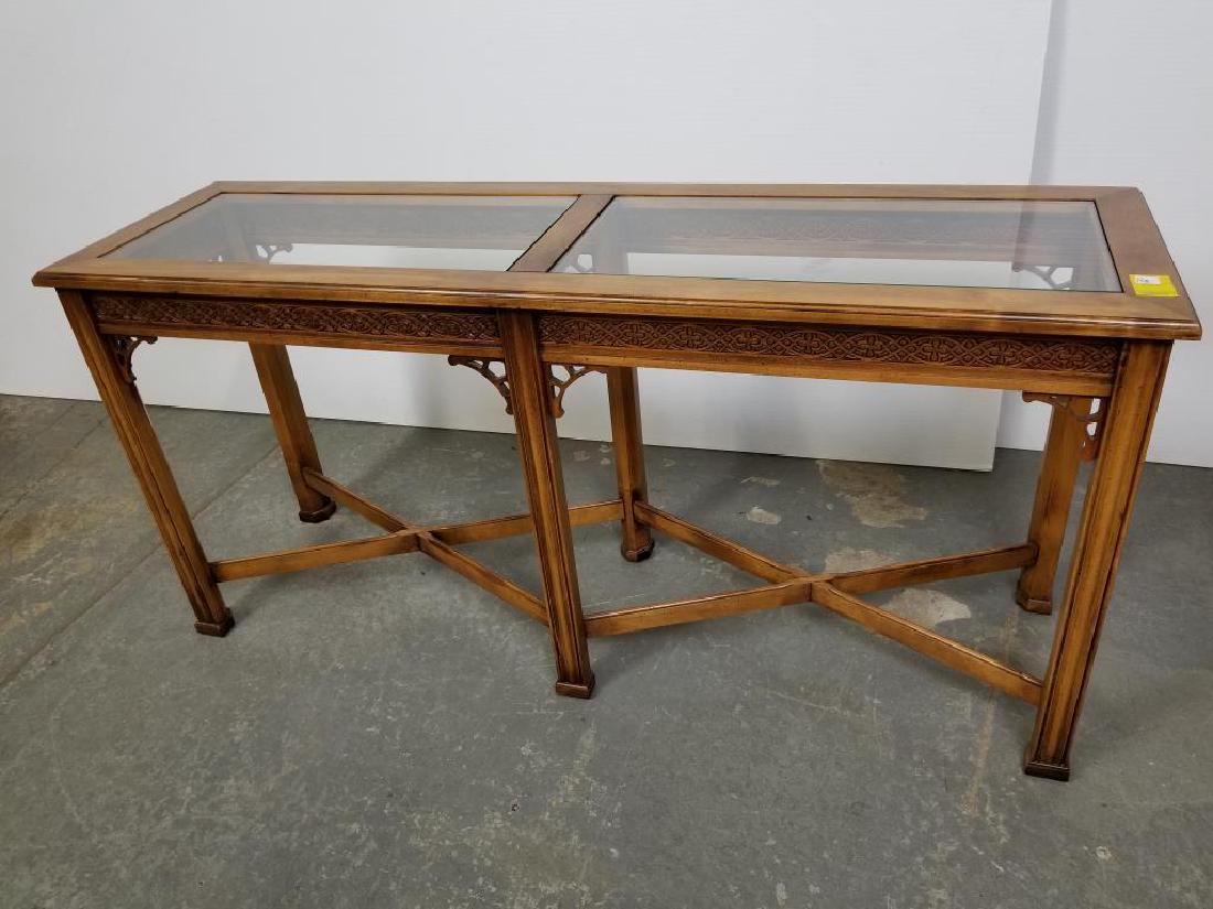 Wood and glass stretcher base sofa table (1 of 5)