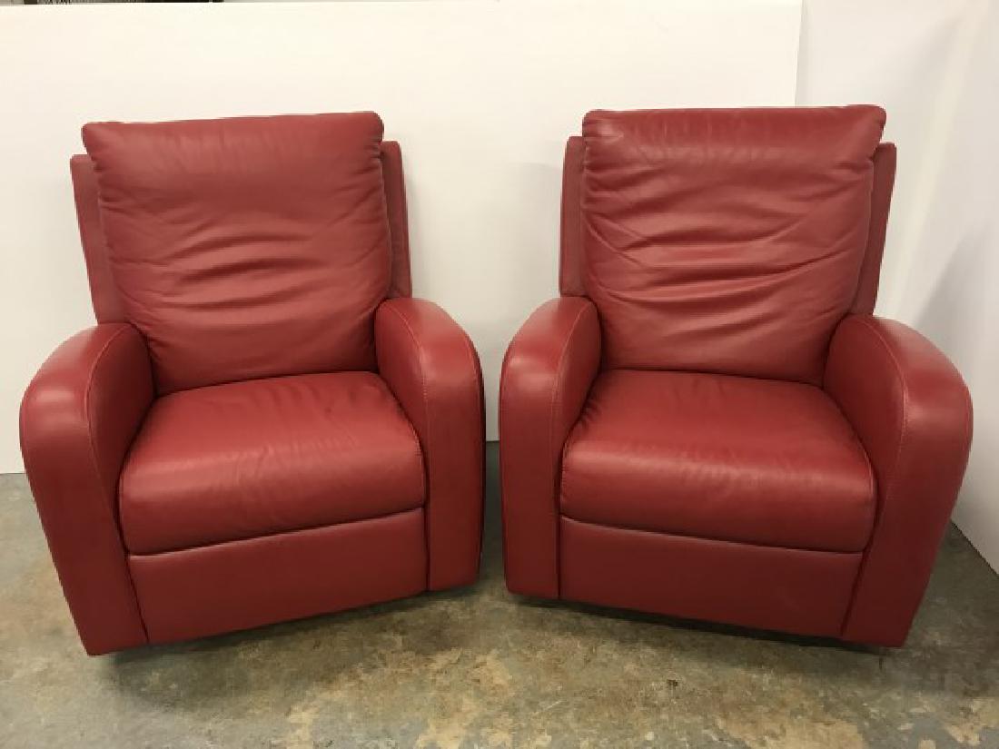 Two red leather high quality recliners: Two red leather theatre style recliners, very good condition, 39 inches tall x 32 inches wide x 35 deep