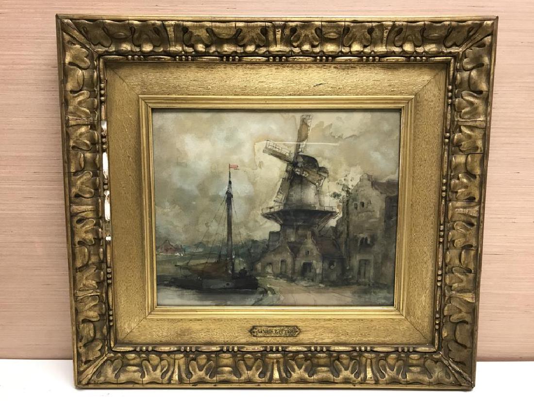 James Little watercolor: depicts sailboat and windmill, set in gilt frame. Image is 12 x 14 inches. signed lower right, Frame is missing some pieces.