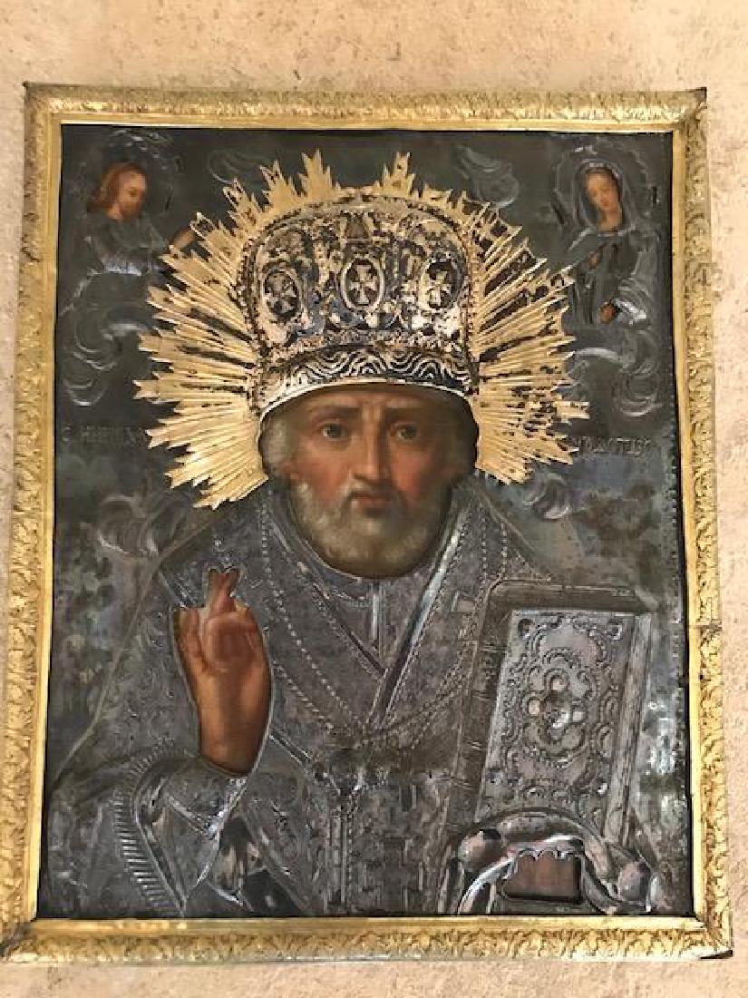 Early Religious icon of St. Nicholas in gilt frame; (1 of 7)