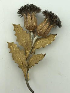 Mario Buccellati, Italy 18 karat and sterling double: Thistle brooch; double thistle design, gorgeously rendered, approximately 3 inches long x 1.5 inches wide, satin and velvet box, 19.0dwt, very good condition