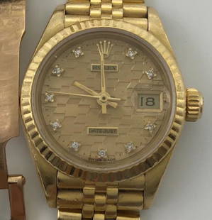 Ladies 18k Rolex Datejust: 29 jewel, 2135 cal., diamond dial-count 11 single cut diamonds, design # 69178, serial # 9585400, sapphire crystal, Diamond Jubilee 1911-1986 award, Special custom Chevrolet dial with bow tie effect.