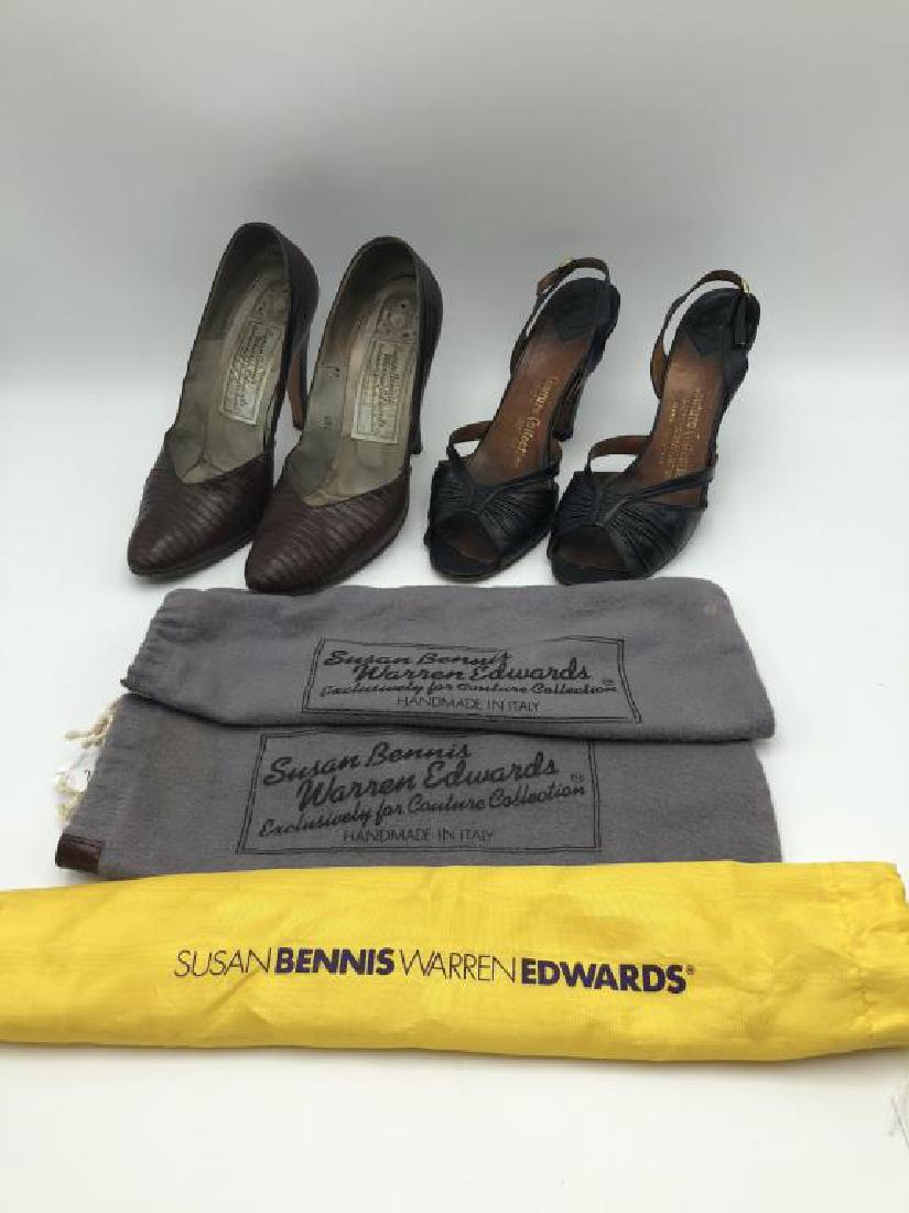 lot of 2 pr of Susan Bennis Warren Edwards shoes: both susan bennis warren edwards, brown reptile skin pump with 4-1/2" heal, size 8-1/2 and navy leather sandals with 4" heal, size 8. both heavily worn.