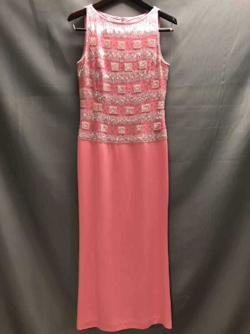 Escada gown: Pink silk with pale gray embroidered zig zag stripes with clear sequins, ivory embroidered squares with clear sequins and beads, sleeveless, size eu36 (size 6).