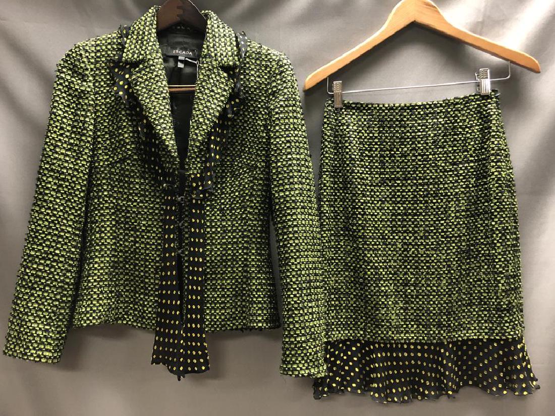Escada ladies 2 piece suit: 2 pc skirt and jacket, lime and black wool blend tweed, black with chartreuse dots ruffle trim and tie, size eu34 (size 4).