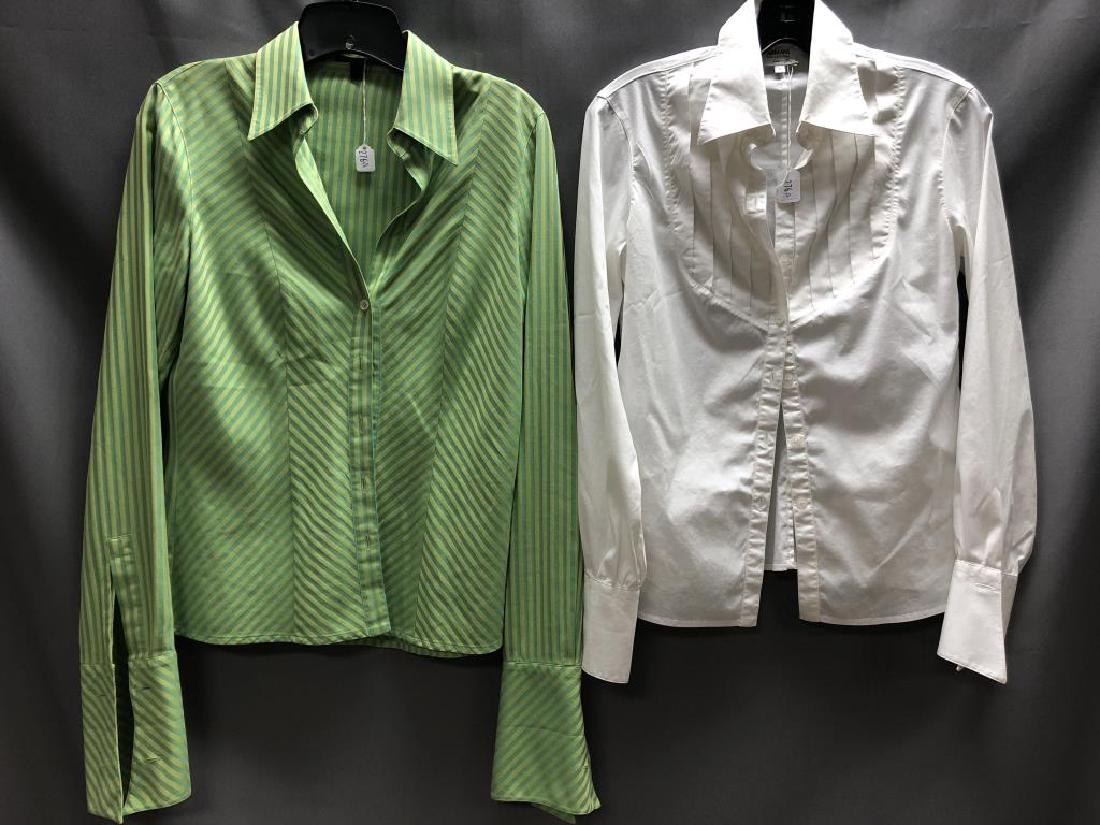Lot of 4 pieces designer garments: Escada ivory with black polka dot tank, eu36 (size6), Escada shirt, green and lime striped, eu34 (size4), Armani white shirt, tuxedo chest, size 4 and Feraud jacket with pink/lime/white/yellow mod des