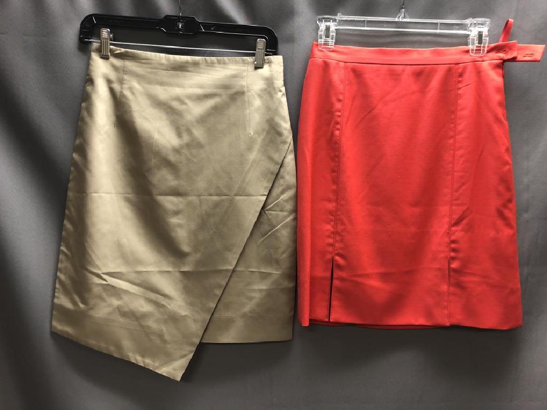 Lot of 2 Escada ladies skirts: Red wool skirt, approximate size 4 and taupe silk skirt, size eu34 (size4).