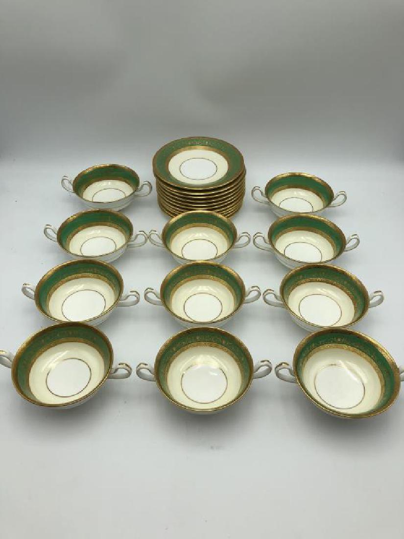 Set 11 Minton cream soup and saucers: set of 11, green and gold rims, marked Minton