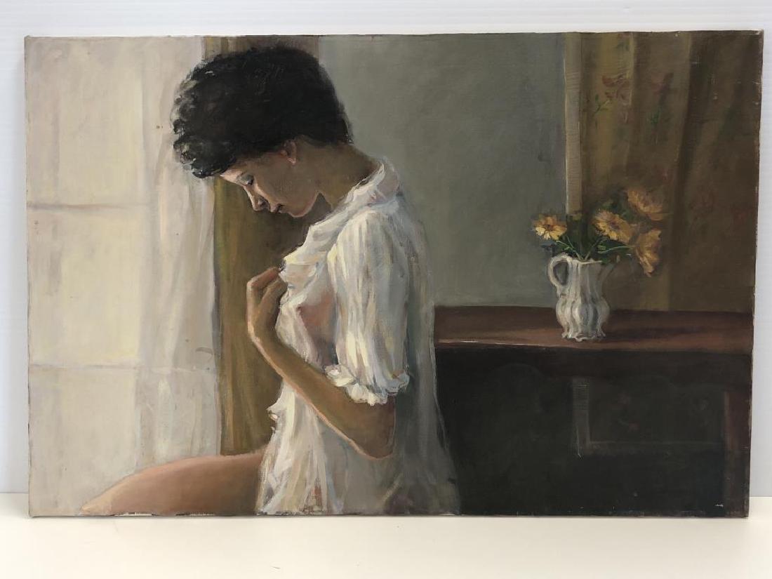 Semi nude female painting by Ben Marcune: Painting on canvas, semi-nude female by window. Unsigned, measures 24 inches x 36 inches.