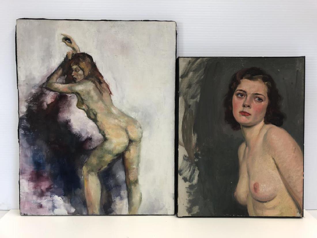 2 Nude female paintings by Ben Marcune: 2 Paintings on canvas. First female with red lipstick is 24.5 inches x 19 inches, some wear on canvas. Other is of woman leaning is 30 inches x 24 inches, both are unsigned Ben Marcune.