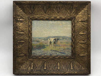 Henry Rankin Poore Signed Oil on board: Painted image of a cow in the field, blue sky with soft pink nose and belly. Signed by artist bottom left Henry Rankin Poore. Incomplete title, artist information on back, see photo. Frame is 14 inche