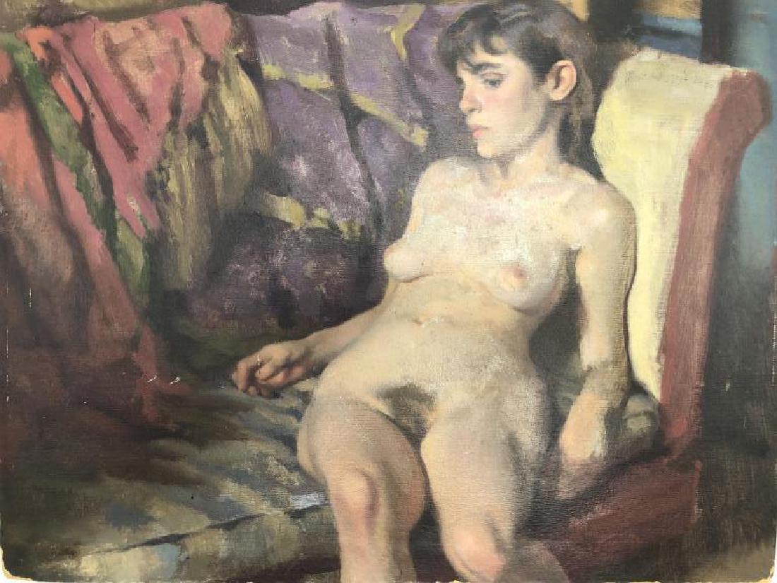 Nude female reclining by Ben Marcune: Oil painting on board, unsigned, measures 10 inches high by 12 inches wide.