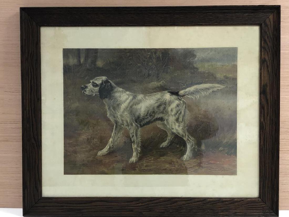 Edmund H. Osthaus Hunting Dog Lithograph: Print from original work by Edmund H. Osthaus, artist signature printed bottom right. Bottom left, "Copyright 1907, E. I. Du Pont De Nemours Powder Co." Frame is 26 inches high by 32 inches wide.