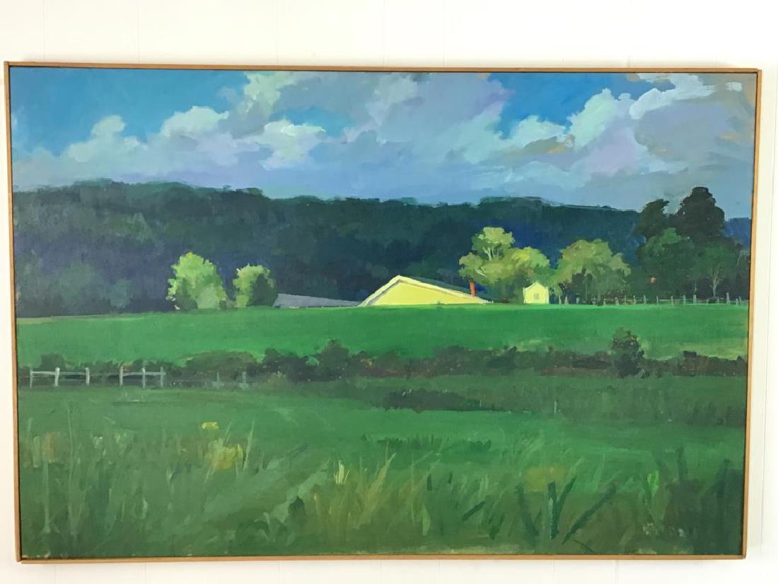 Landscape & Rooftop Oil Painting on Board: Oil painting on board from the Riegelsville Studio of Ben Marcune, though it is unsigned it has been verified as his work and will be accompanied by a letter from his wife authenticating so. Piece fea