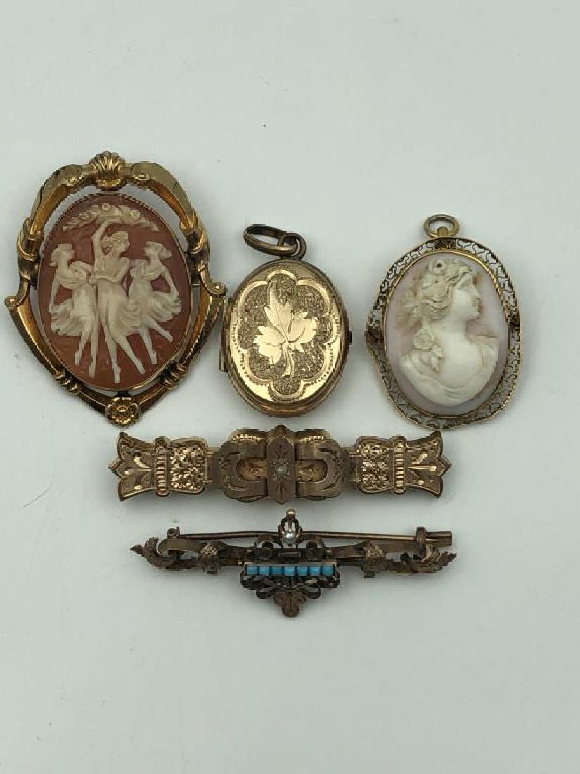 Victorian Jewerly Lot: Includes 1.5 inch x 1.25 inch cameo brooch, two 2 inch bar pins, smaller cameo and locket