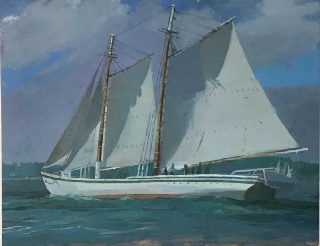 Sailboat Oil Painting on Board: Oil painting on wood board from the Riegelsville Studio of Ben Marcune, image of a large sailboat on a blue ocean, unsigned. Some spot stains on the paint surface, see photos. Painting measures 22.75 