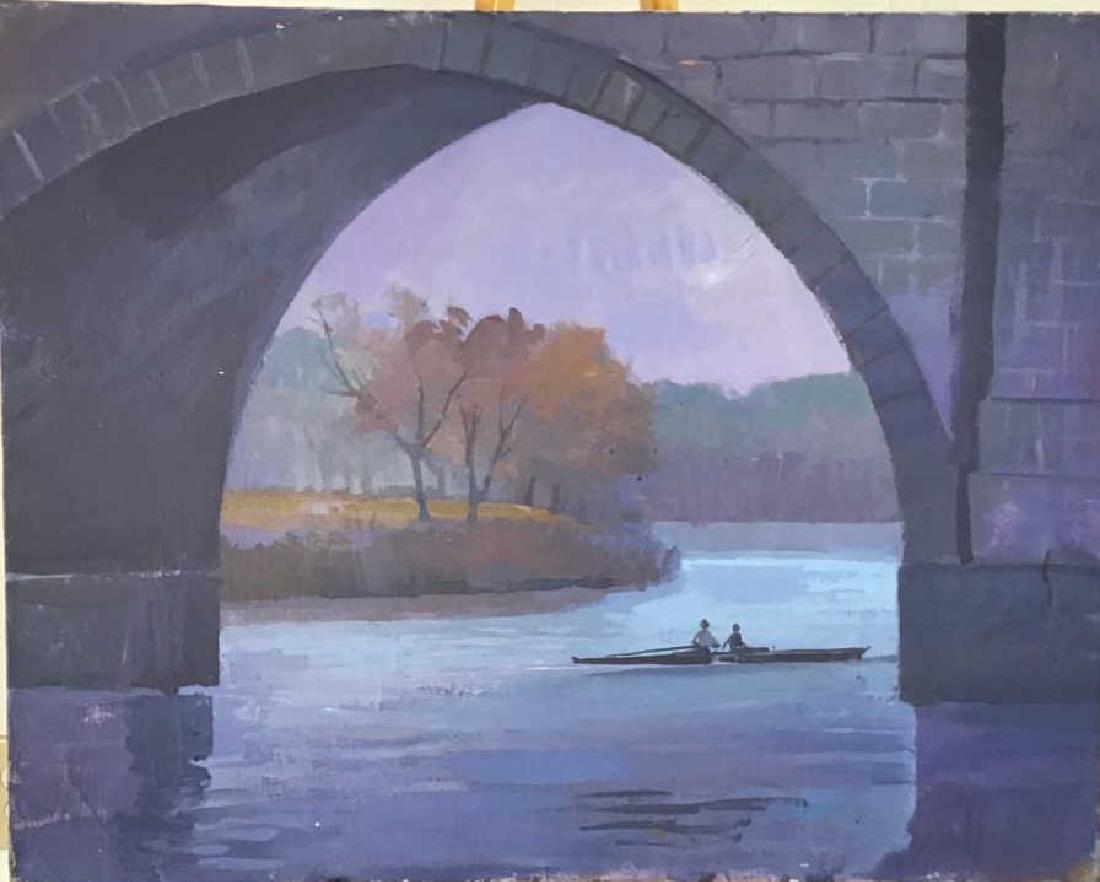 Rowboat Under a Bridge, Oil Painting: Oil painting on canvas from the Riegelsville Studio of Ben Marcune, though it is unsigned it has been verified as his work and will be accompanied by a letter from his wife authenticating so. Work fea