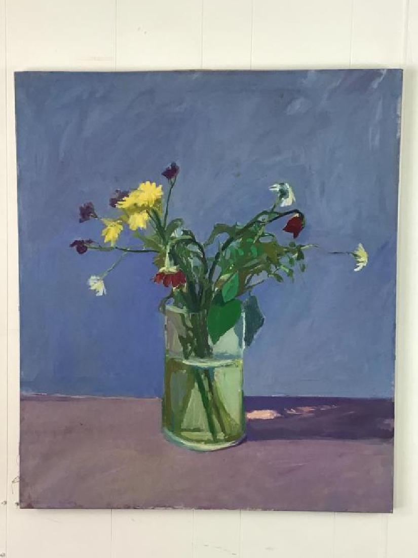 Floral Still Life Oil on Canvas: Still life oil painting on canvas from the Riegelsville Studio of Ben Marcune, image of a vase of wild flowers on a lavender table top. Painting measures 36 inches high by 31 inches wide by 3/4 inch d