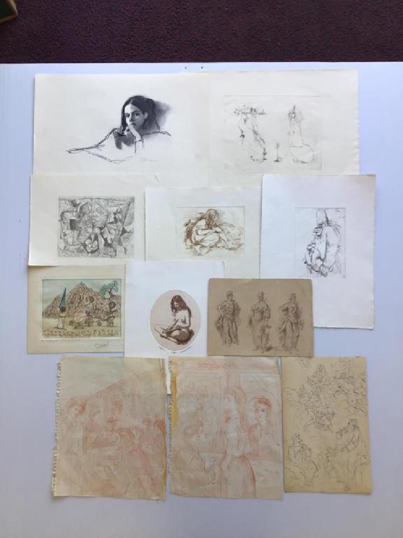 Sketches & Prints from Studio of Ben Marcune: Lot of 11 figural sketches and prints from the Riegelsville Studio of Ben Marcune. Several are unsigned and done in the style of master painters, see photos. Colored print is signed bottom right by un