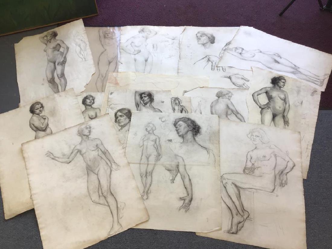 Nude Sketches from Studio of Ben Marcune: Lot of 14 nude and figural sketches from the Riegelsville Studio of Ben Marcune, unsigned, paper is about 24 inches by 19 inches.