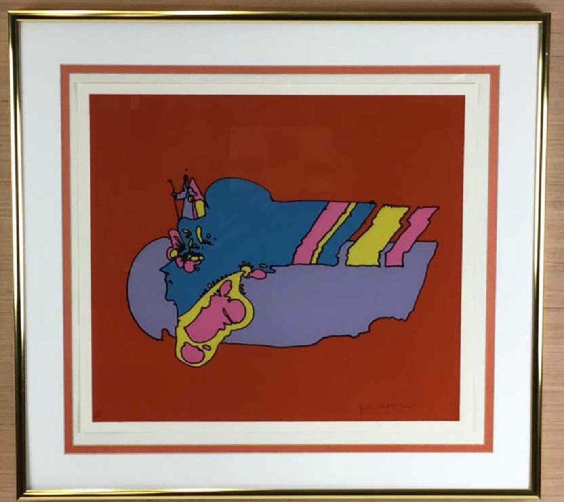 Witnessing From Above print by Peter Max: Colorful print titled "Witnessing From Above" pencil signed bottom right by Peter Max and dated '72, born Berlin 1939, pencil numbered bottom left 129/300. Artist biography included on the back. Print