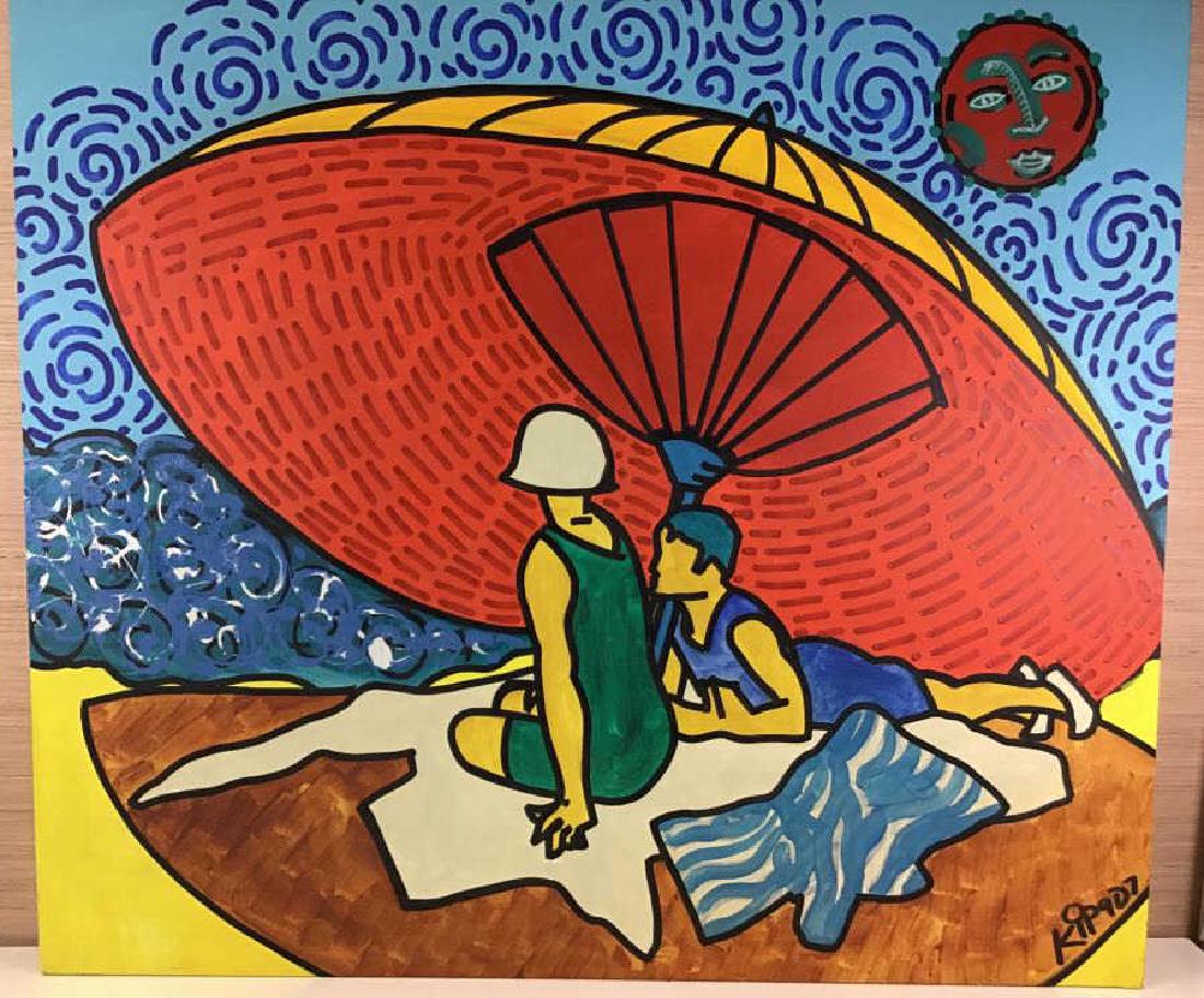 Sunbathers "Pop" Painting by Kip Frace: Contemporary work by American "Pop" painter Kip Frace. Oil on canvas painting of two sunbathers under a large red umbrella, paint signed and numbered bottom right "KIP 907." Kip studied with Keith Har