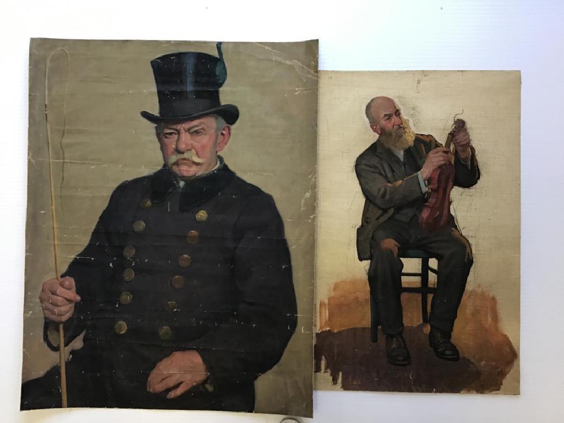 Male Portraits on Loose Canvas: Lot of two oil paintings on loose canvas from the Riegelsville Studio of Ben Marcune, unsigned, featuring the portraits of two men. One tuning an violin, the other is finely dressed with a driving whi