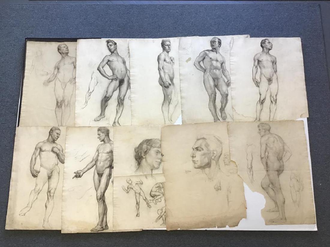 Figural Sketches from Studio of Ben Marcune: Lot of 10 sketches from the Riegelsville Studio of Ben Marcune, unsigned, featuring the male and female nude form, paper is about 24 inches by 19 inches.