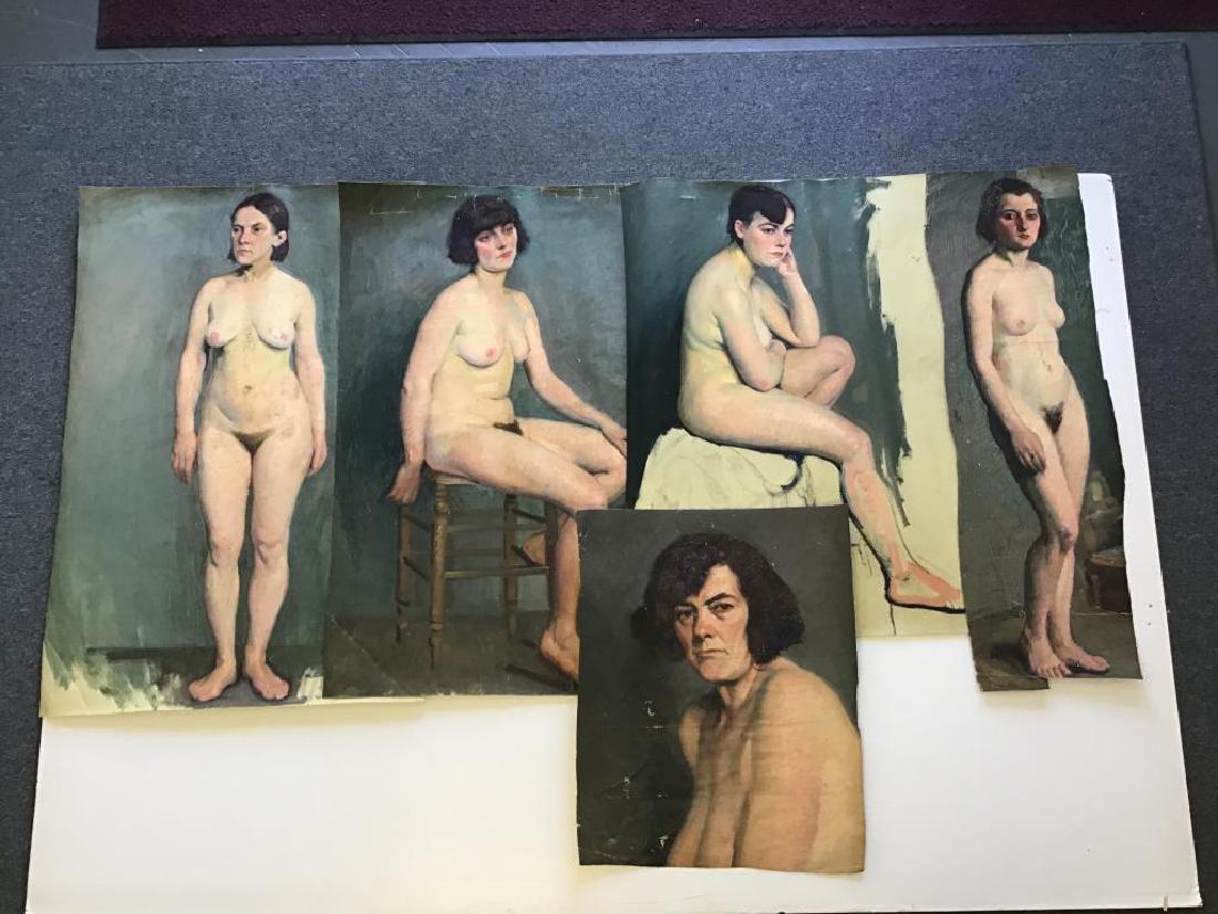 Nude Oil Paintings on Loose Canvas: Lot of five female nude oil paintings on loose canvas from the Riegelsville Studio of Ben Marcune, unsigned. Canvas was rolled together and stored, see photos for condition. Largest measures about 36 