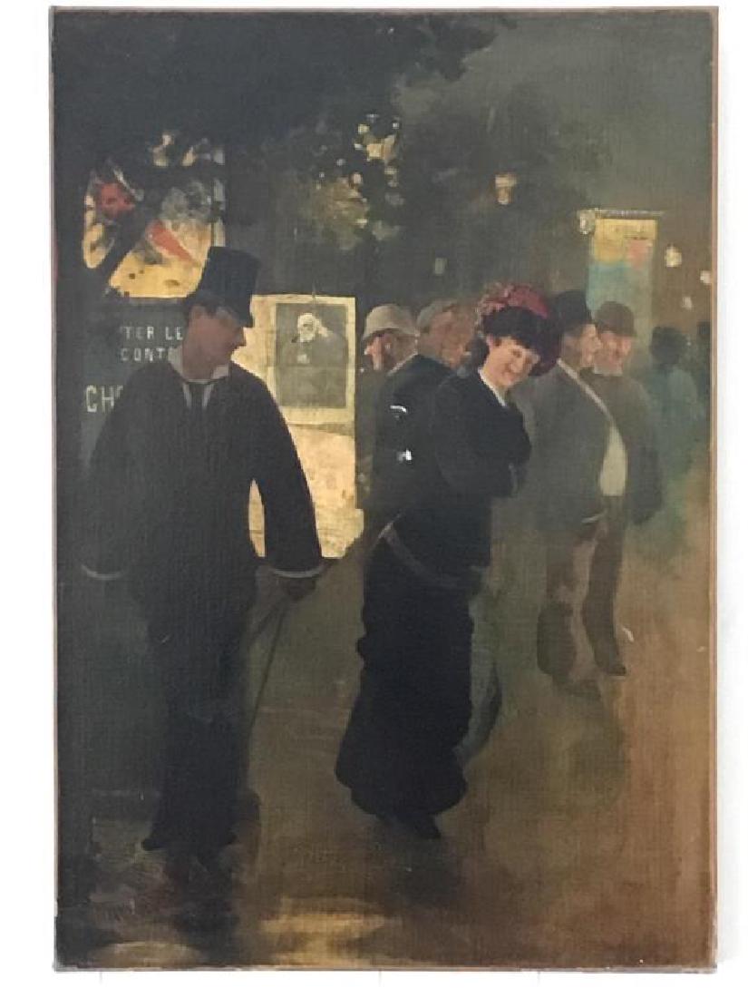 French Style Oil Painting: A work from the Riegelsville Studio of Ben Marcine, this oil painting on canvas features a man and a woman on a busy Parisian street. The name "John Berard" is written on the back top, white paint spo
