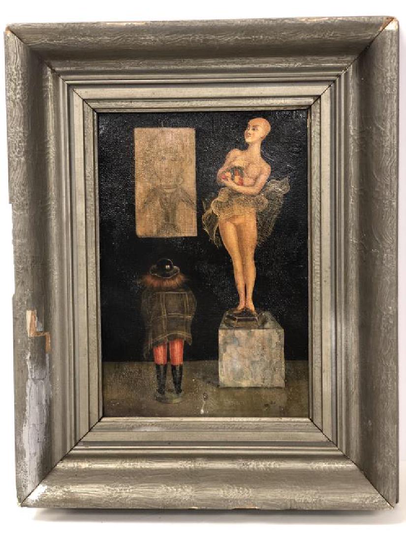 Framed Mixed media oil Painting: Three images in the painting, one is the back of a figure who is on a stand, facing the viewer is a nude statue and portrait. Marked on back in type "R. Walker, 33, Wein, Hans, Thomas, Peter." The pic