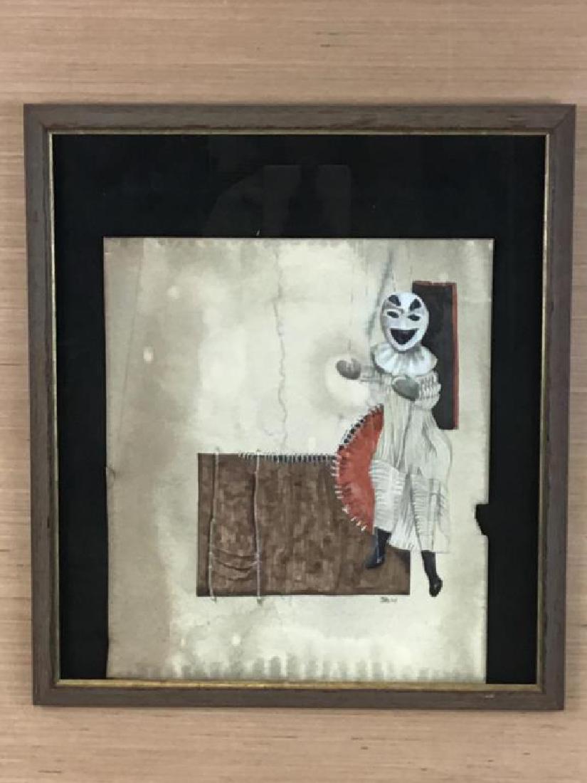 Clown in Dress by John Bartolocci: Watercolor and pastel on a textured paper, main image of a marionette clown, pencil signed and dated bottom right "JB 01" by artist John Bartolocci. Image measures about 16 inches high by 14 inches wi