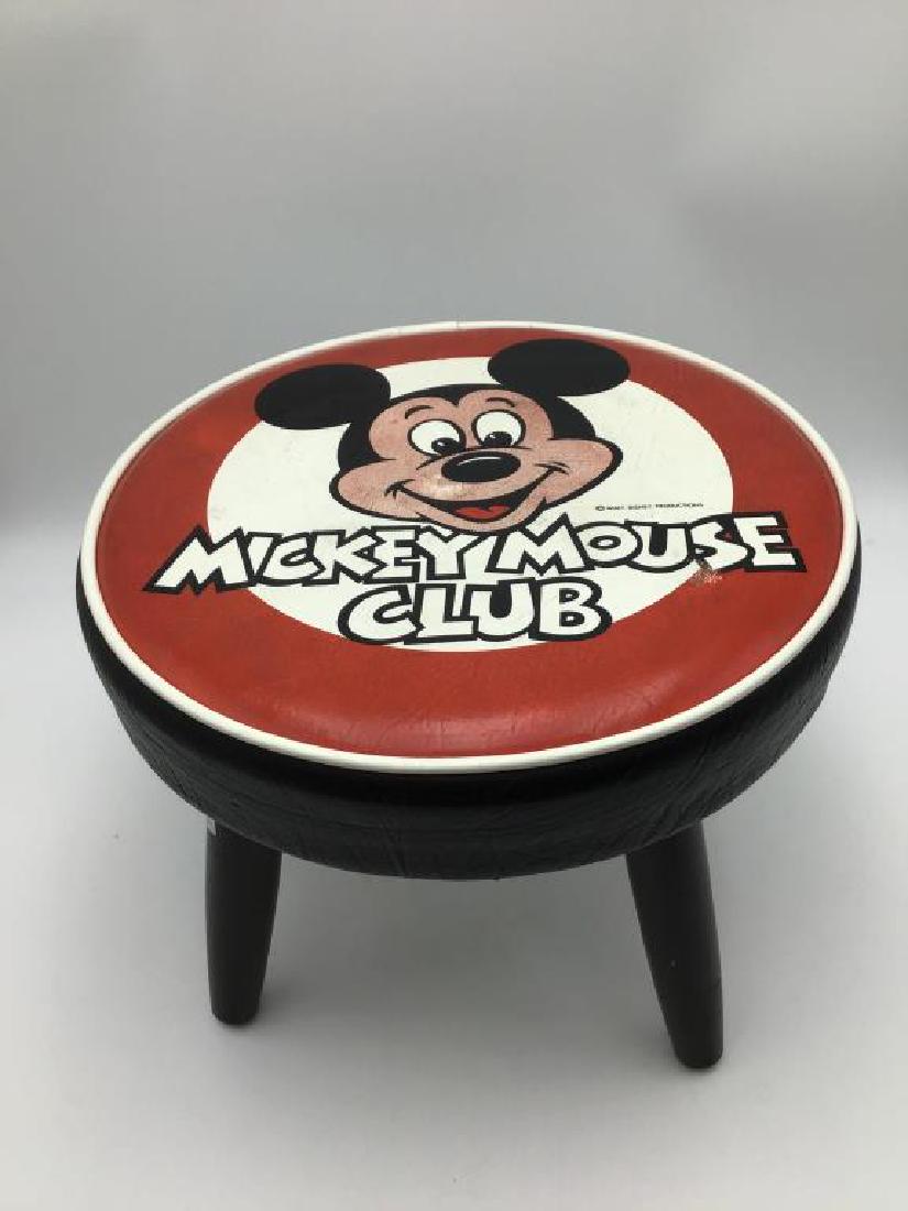 Mickey Mouse Club vintage foot stool: Walt Disney Productions, 10 inches tall by 13 inches diameter, vinyl stool with four wooden legs