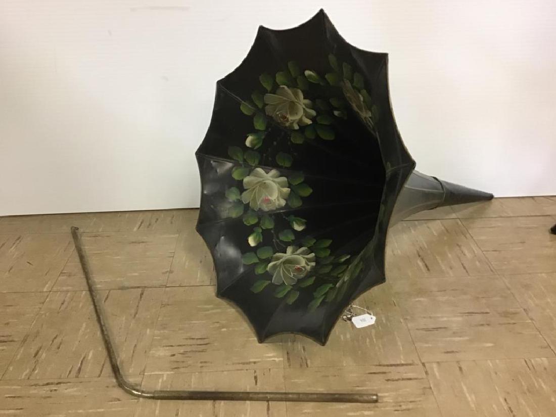 Early phonograph horn: marked T CO T, hand painted with flowers on the interior of the horn, 30 inches x 21 inches