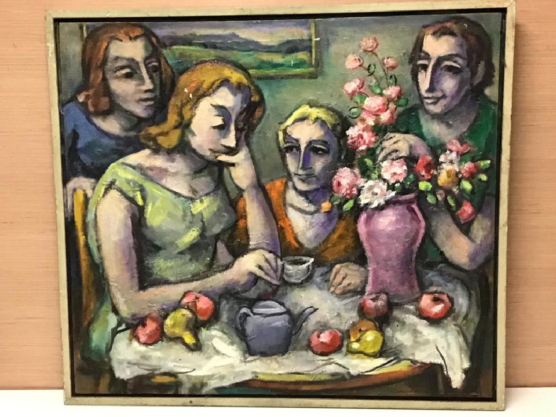 Oil Painting "Family at Table": Original oil on canvas and set in wood frame, subject is four people around a table with fruit and flowers, female figure looking away from others. Signed bottom right by Samuel Heller, hairline crack