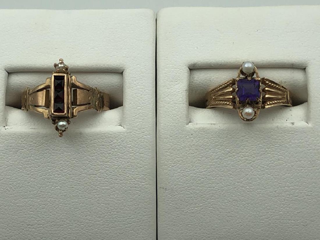 Lot 2 Ladies gold rings: 10k 5 x5 square amethyst and2-2.5mm pearls, ring size 7, and 10k ring with 3-2.5mm square garnets and 2-2mm pearls, ring size 7.25